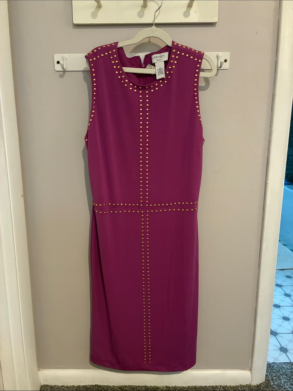 Carmen Marc Valvo Fuchsia Sheath Dress with Gold Stud Detailing